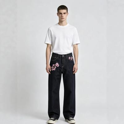 European and American Jeans Men's Popular High Waist Loose and Thin Straight Cherry Blossom Embroidered Jeans