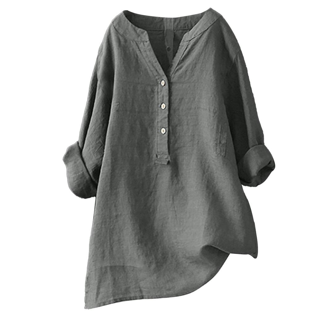 Women Cotton and Linen Top Button Down Blouse Ladies Tops Stand Collar Solid Women's Blouse Long Sleeve Casual Shirt Loose Tops