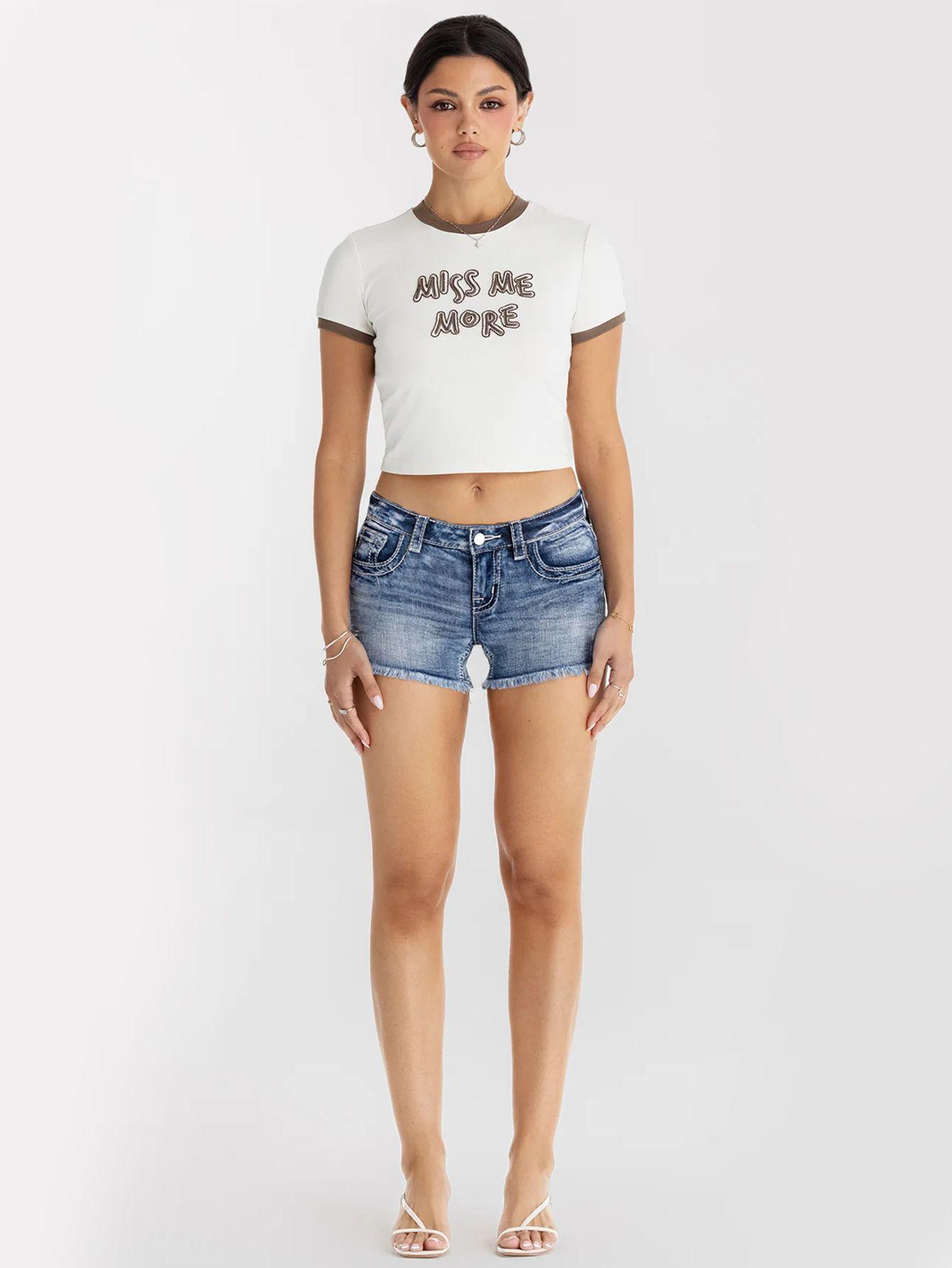 Women s Light Blue Frayed Edge Denim Shorts with Butterfly Rhinestones Small