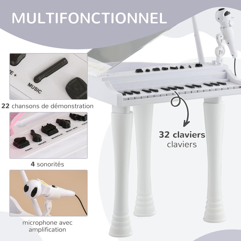 32-Key Kids Piano Keyboard, with Stool, Lights, Microphone, Sounds, Removable Legs - White