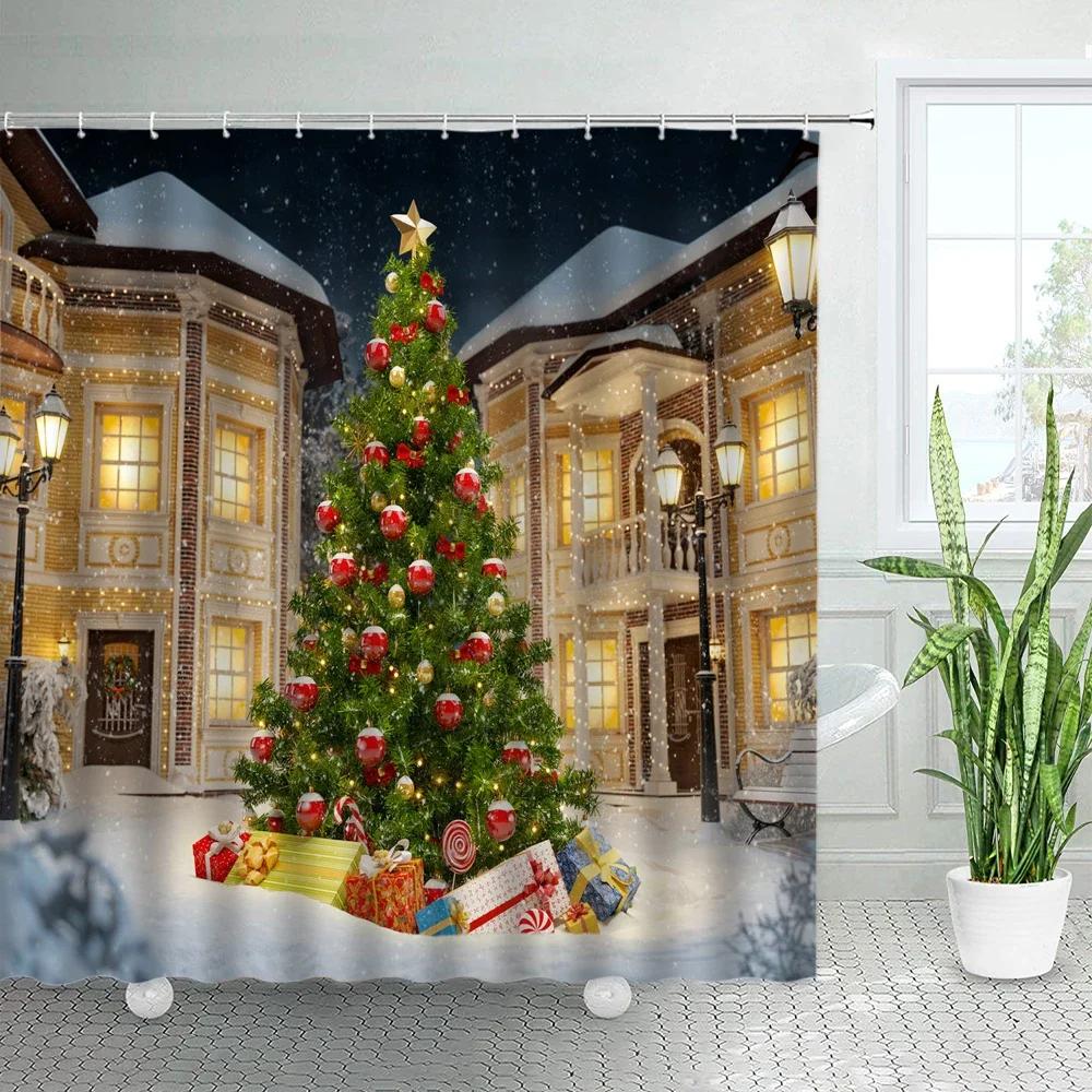 

Christmas Trees New Year Christmas Bathroom Decor City Winter Landscape Shower Curtain Sets Xmas Polyester Fabric Bath Curtains 90x180cm-35x70in