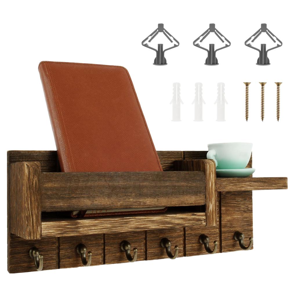 Wooden Mail Holder Wall Mounted Entryway Hallway Decorative  with 6 Key Hooks Rustic Home Wall Organizer Rack