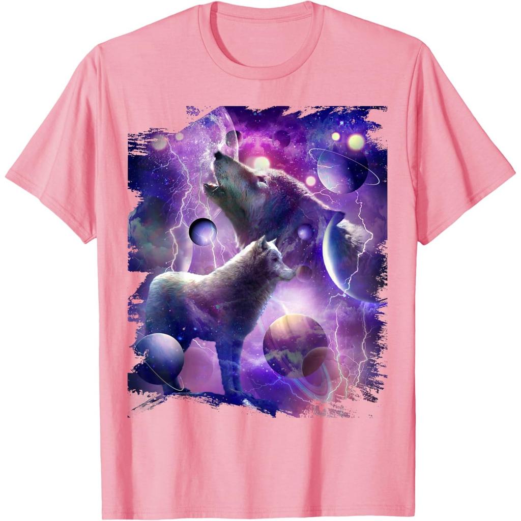 Cosmic Wolf Howling Graphic Tee Men Casual Round Neck Breathable Cotton Print Tshirt