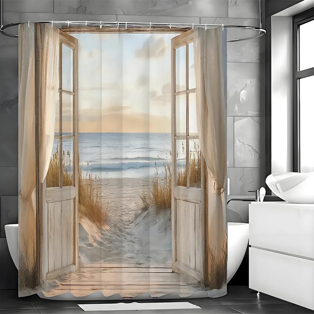 Ocean Beach Drewniane Drzwi Botaniczna Zasłona Prysznicowa, Dekoracyjna Zasłona Prysznicowa do Łazienki, Wodoodporna Zasłona Prysznicowa z Haczykami