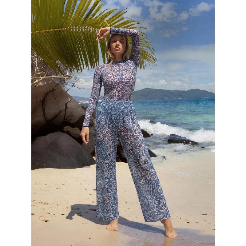European and American Printed Long-sleeved Anti-sun One-piece Sexy Russian Swimsuit Women's Smart Wear