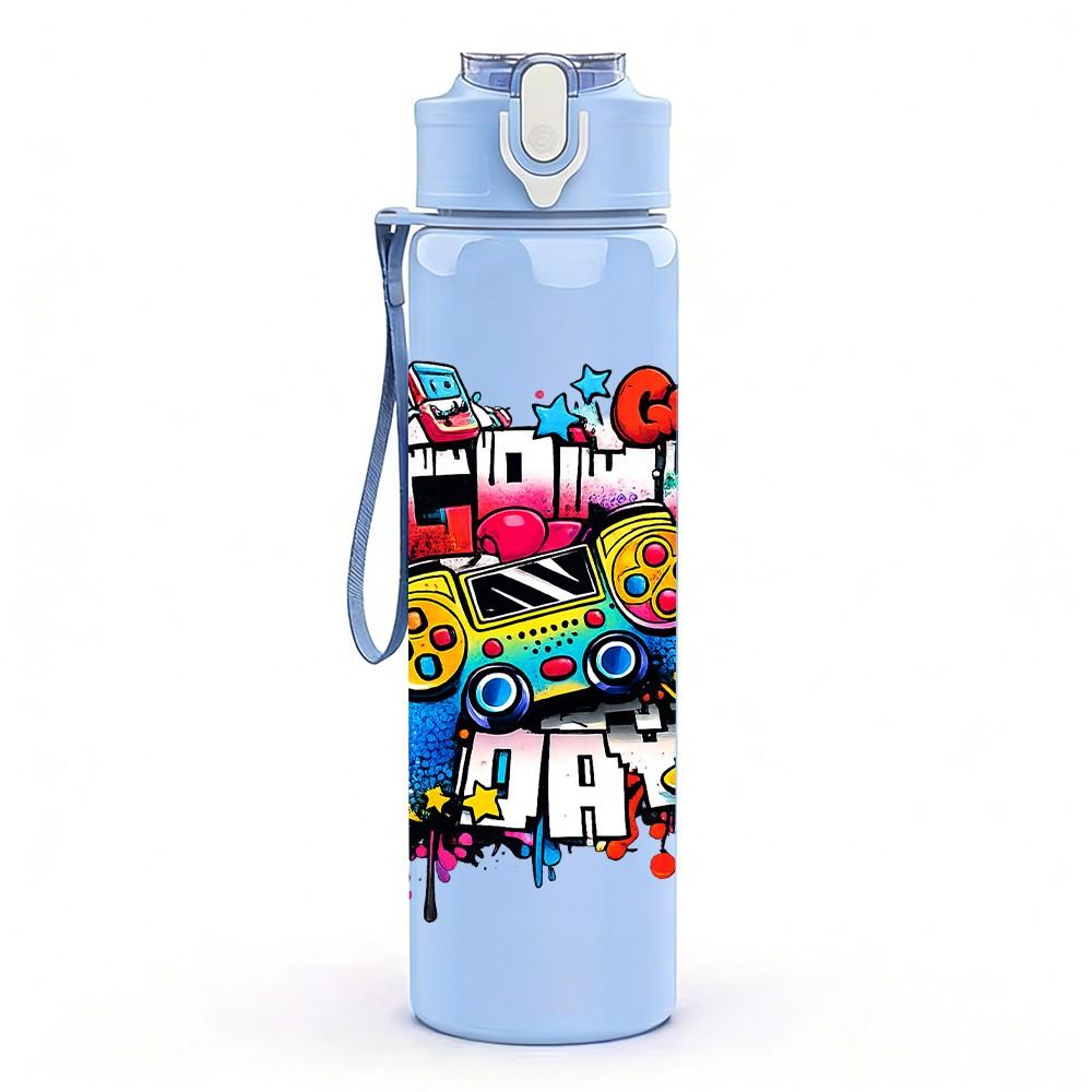 1PC Fun Birthday Party Graffiti Art Print 750ml Color Plastic Sports Water Bottle Leakproof Flip Straw Lid Suitable for Sports Office Home Use