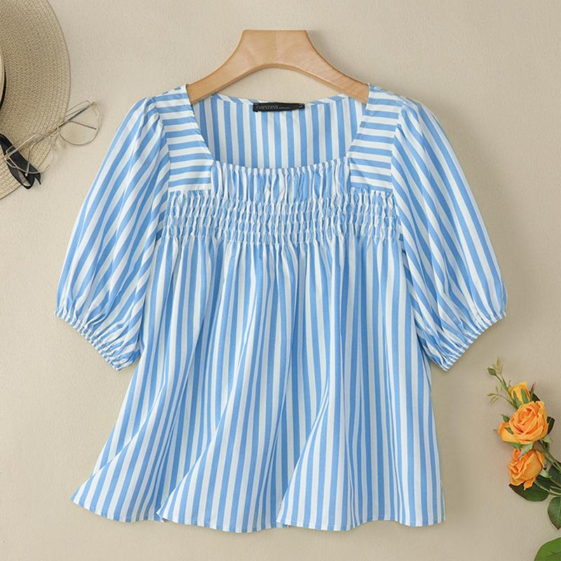 

ZANZEA Women Casual Square Neck Half Sleeve Loose Stripe Blouse 3XL