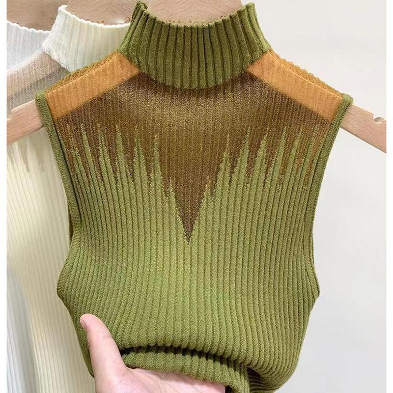 Dámské jednobarevné úzké pletené tílko bez rukávů Šik polovyvýšený síťovaný malý top Sexy dutý tílko