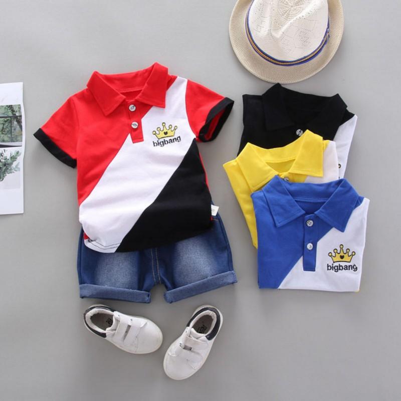 Baby gutter kortermet krone patchwork mønster T-skjorte bluse+denim shorts