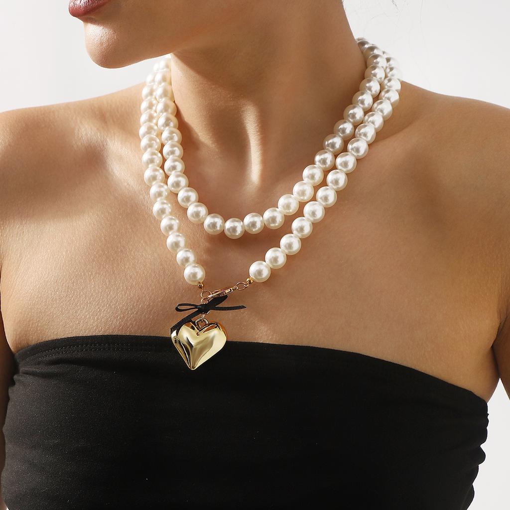 Women European Sweet Ins Style Ribbon Bow Love Pearl Necklace For Women Minimalist Design Layered Clavicle Necklace