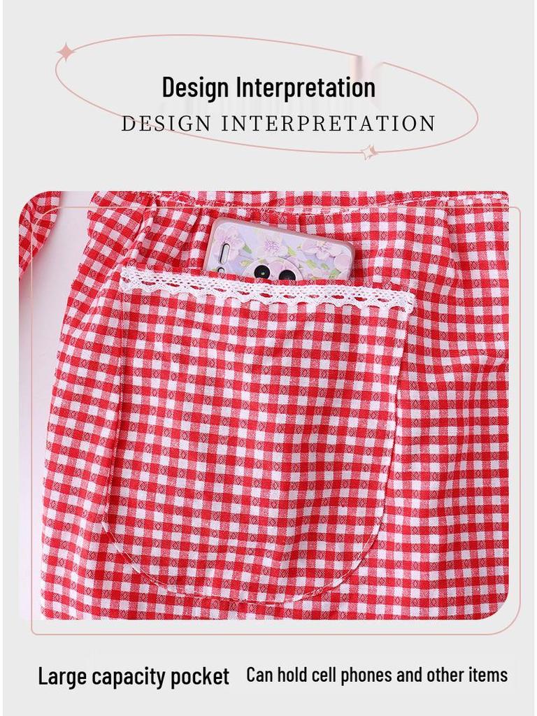 Plaid Long-Sleeve Apron Smock for Adults - Korean Style