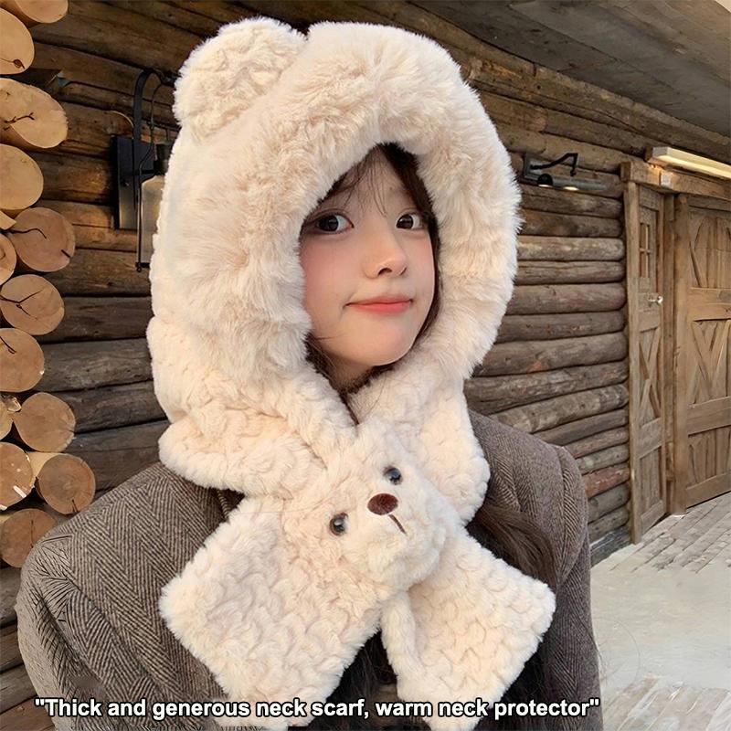 Cute Plush Bear Ear Hat Winter Integrated Cap Scarf Windproof Thickened Beanie Hat Scarf Casual Outdoor Warm Scarf Set