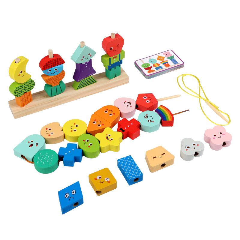 

Wooden Children s Character Expression Bead Columns Colorful Sorting Toys Shape Stringing Matching Educational Building Blocks разноцветный