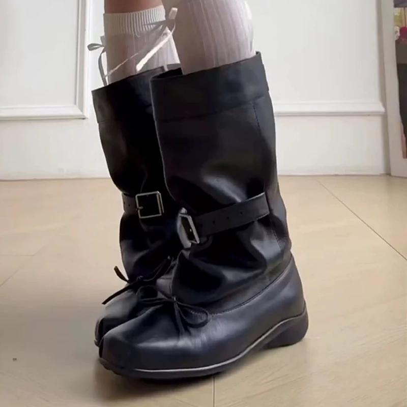 Fashion Belt Buckle Decoration Mid Calf Boots Women 2025 Autumn Square Toe Solid Black Ballet Style Boots Sweet Bowknot Booties