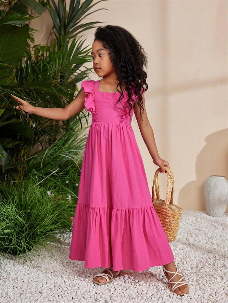 Kids' Summer Korean Puff Sleeve Open Back Dress with Sweet Square Neck