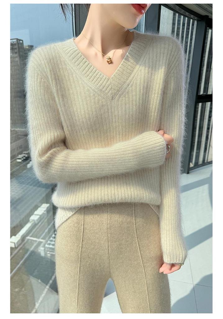 Autumn Winter Women's Thickened Mink Velvet V-Neck Sweater - Loose, Versatile Knit Base Layer Pullover