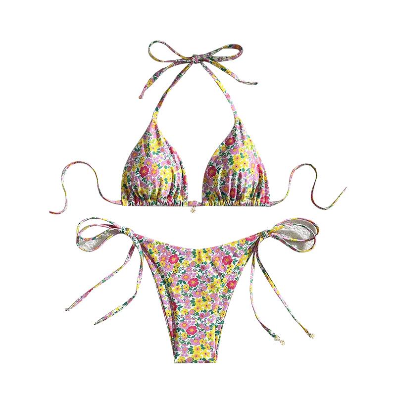 Sexy dámské dvoudílné plavky s květinovým potiskem, trojúhelníková podprsenka, push-up bikiny set, šněrovací, na ramínka, bez zad, plavky na plážovou dovolenou