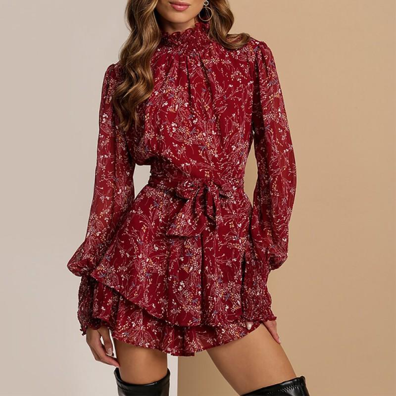 Womens Floral Print Wrap Waist Pleated Hem Dress 2026 Office Chic Short Sleeveless High-Waist A-Line Skirt Plus Size XL 2XL 3XL XL красный