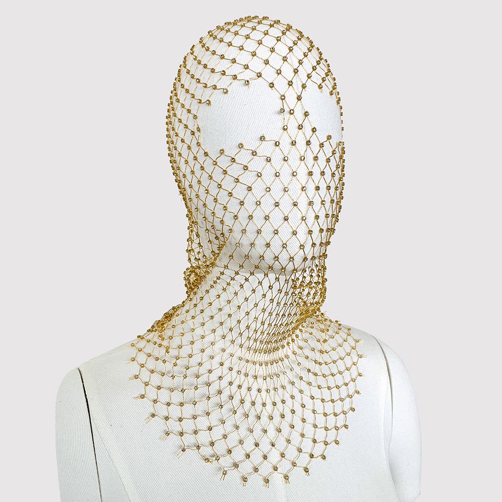 Rhinestone Fishnet Headscarf & Diamond Mask - Trendy Holiday Party Hat & Fashion Statement.