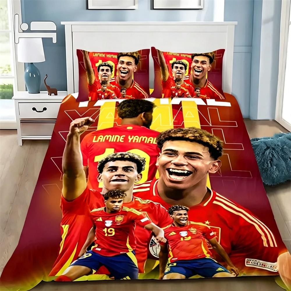 Voetbalsterren Dekbedovertrek Kussensloop Beddengoed Set Volwassen Jongen Meisje Y-Yamal Slaapkamer Decoratie Kindercadeau Enkel Dubbel Formaat Baby size 70X133cm red