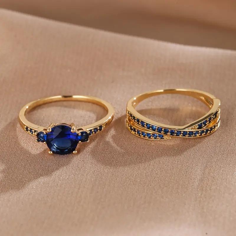 Vintage Golden Color Round Cut Blue Stone Cross Ring Set Wedding Band Ring Set Valentine's Day Gift