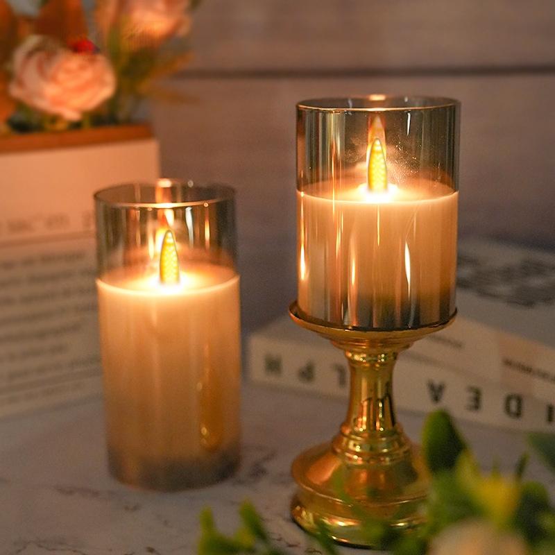 Dual Finish LED Candle Trio Mirrored Amber Glass Matte Ivory Flameless Pillars for Contrasting Light Play Paraffin LED Candle