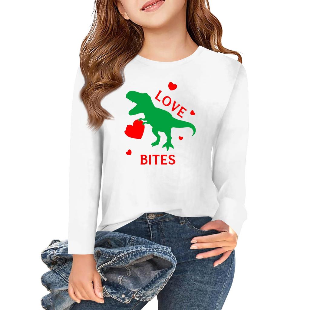 Dziewczęce koszulki z długim rękawem Love na Walentynki, dziecięce jesienne topy, basicowe koszulki z okrągłym dekoltem 5-14L