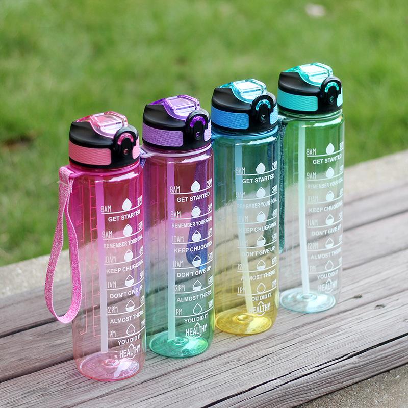 1000ml Large Capacity Water Cup with Handle Straight Mouth Spring Cap Space Cup Plastic Water Cup Sports Outdoor Water Cup