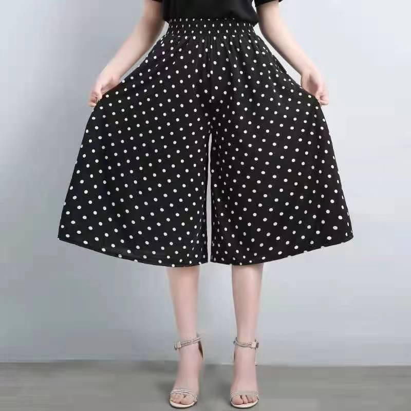 Middle Aged and Elderly Women's New Summer Half Skirt Cropped Pants Mom Elastic High Waist Wide Leg Pants Skirt Pants