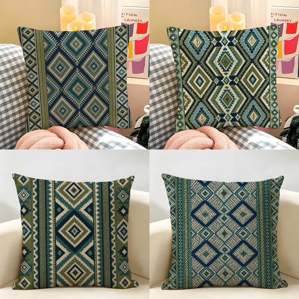 Blue Green Striped Diamond Pattern Cushion Cover Natural Linen Organic Fabric Double-Sided Printing Breathable For Home Decor