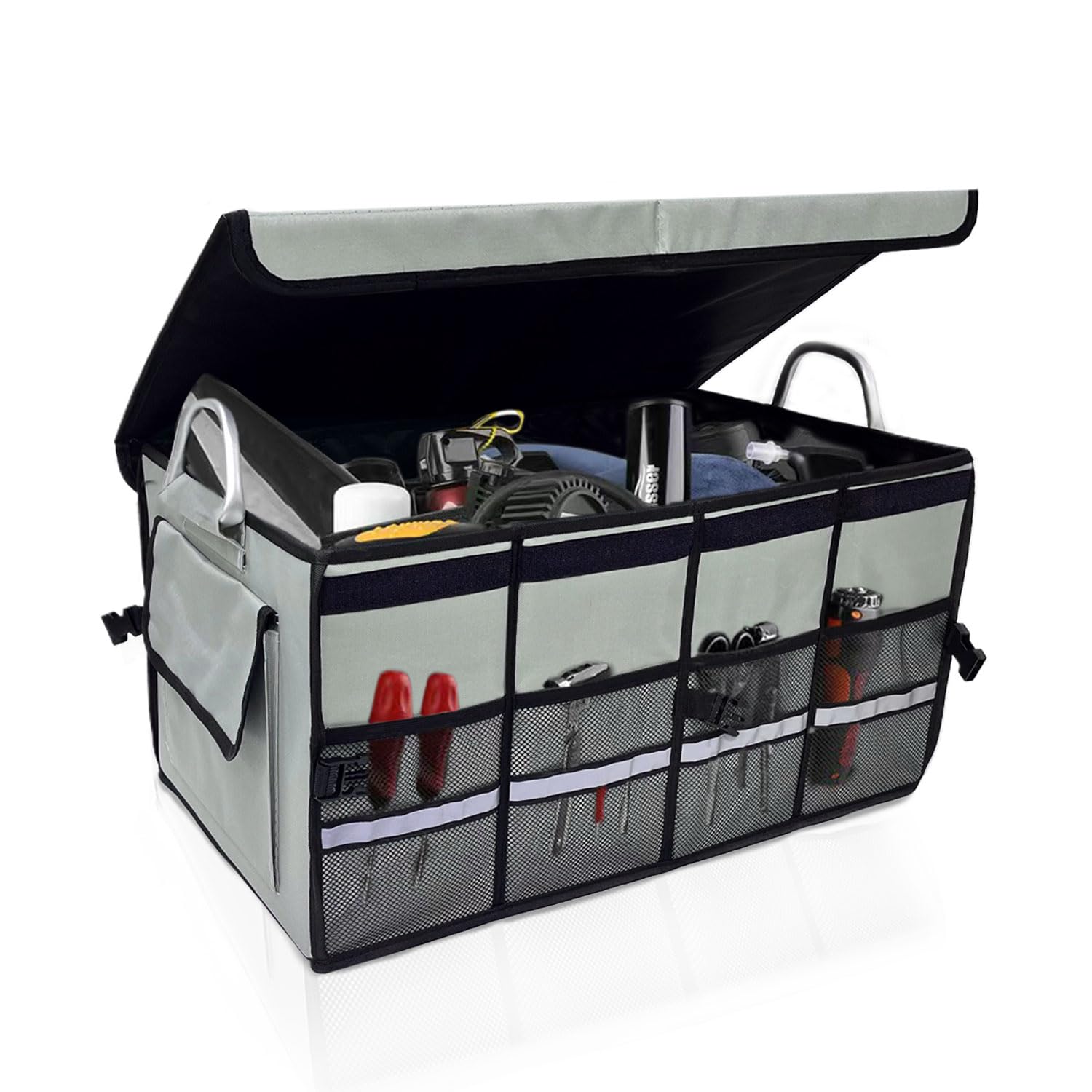 

CLEAN HOUSE Автомобильный органайзер для хранения в багажнике, Большой с водонепроницаемым контейнером-боксом, Вместимость, Складной, Крышка, Разделители, Кейс, (Серый) серый