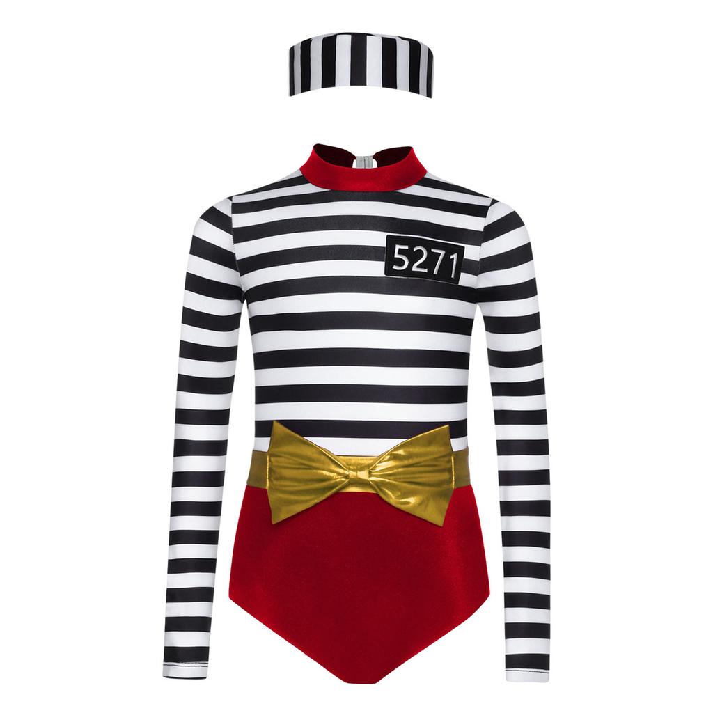 Meisjes Gevangene Kostuum Set Lange Mouw Gestreept Jumpsuit Kruis Drukknopen Bijpassende Tailleband en Gevangene Pet Rollenspel Outfit