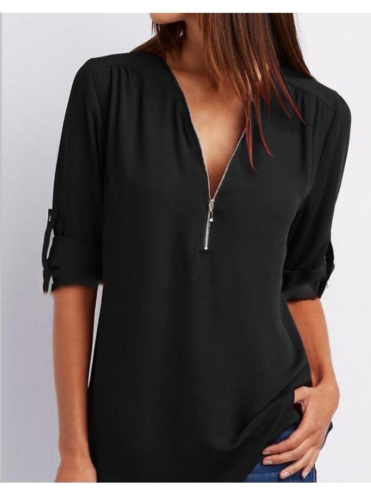 Women's Plus Size Loose Fit V-neck Chiffon Shirt with Long Sleeves and Adjustable Zipper