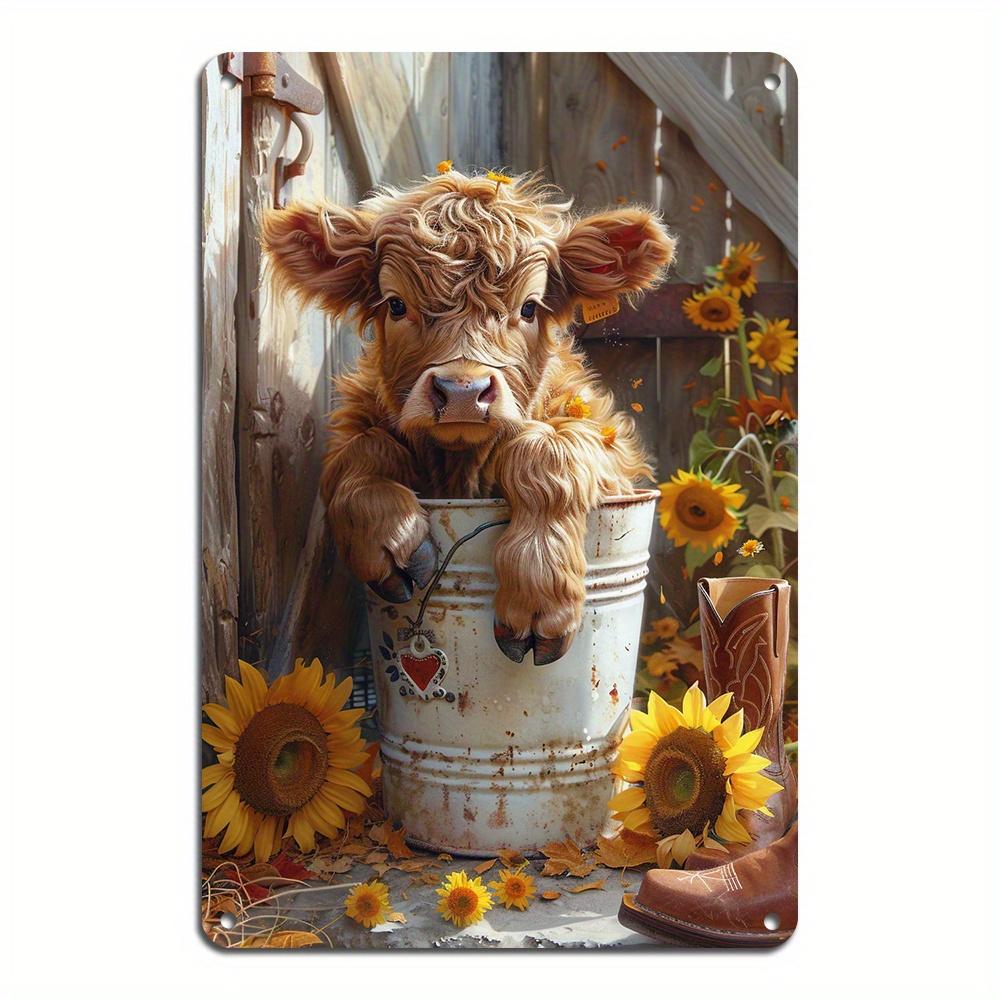 Adorable Highland Calf with Sunflowers Vintage Tin Sign Aluminum Wall Art - Rustic Farm Decor for Home & Bar, Multipurpose R