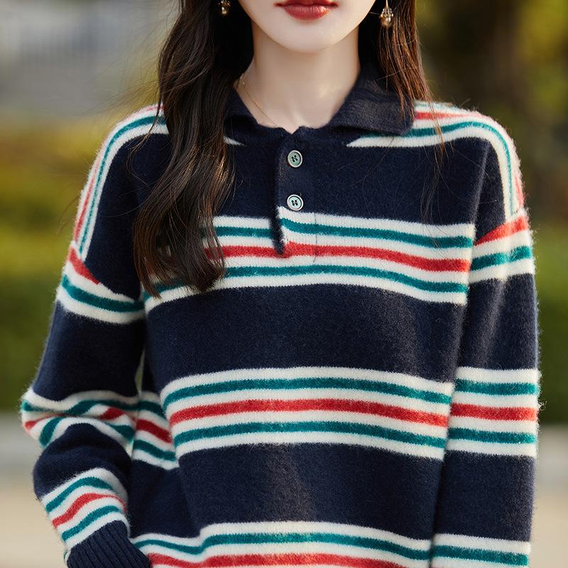 2024 Women's Color Block Striped Cashmere Knit Polo - Slimming Long Sleeve Top