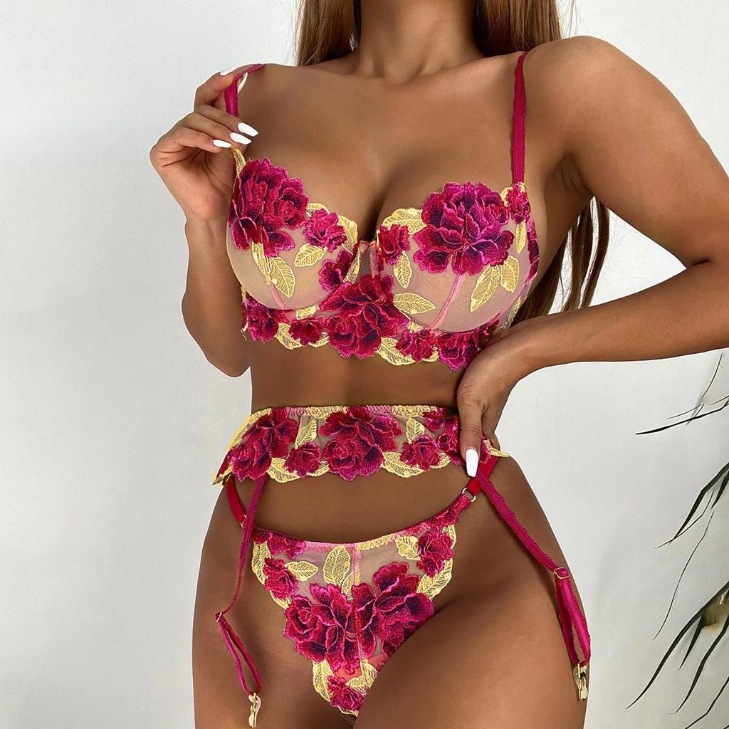 Women's Floral Lace Lingerie Set Sheer Mesh Bra and Panty with Adjustable Straps and Garter Belt for Intimate Wear