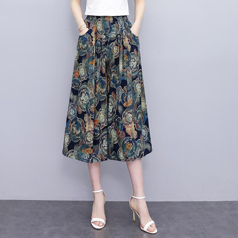 Summer Elastic Waist Print Wide Leg Pants for Women  Loose Vintage High Waist Oversize Pants