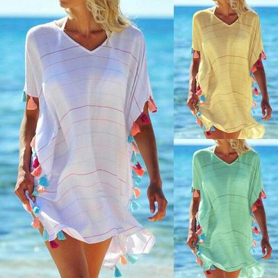 Damen Fransenkleid Sommer V-Ausschnitt Damen Bluse Hemd Bade Tops Gestreiftes Bikini Cover Up