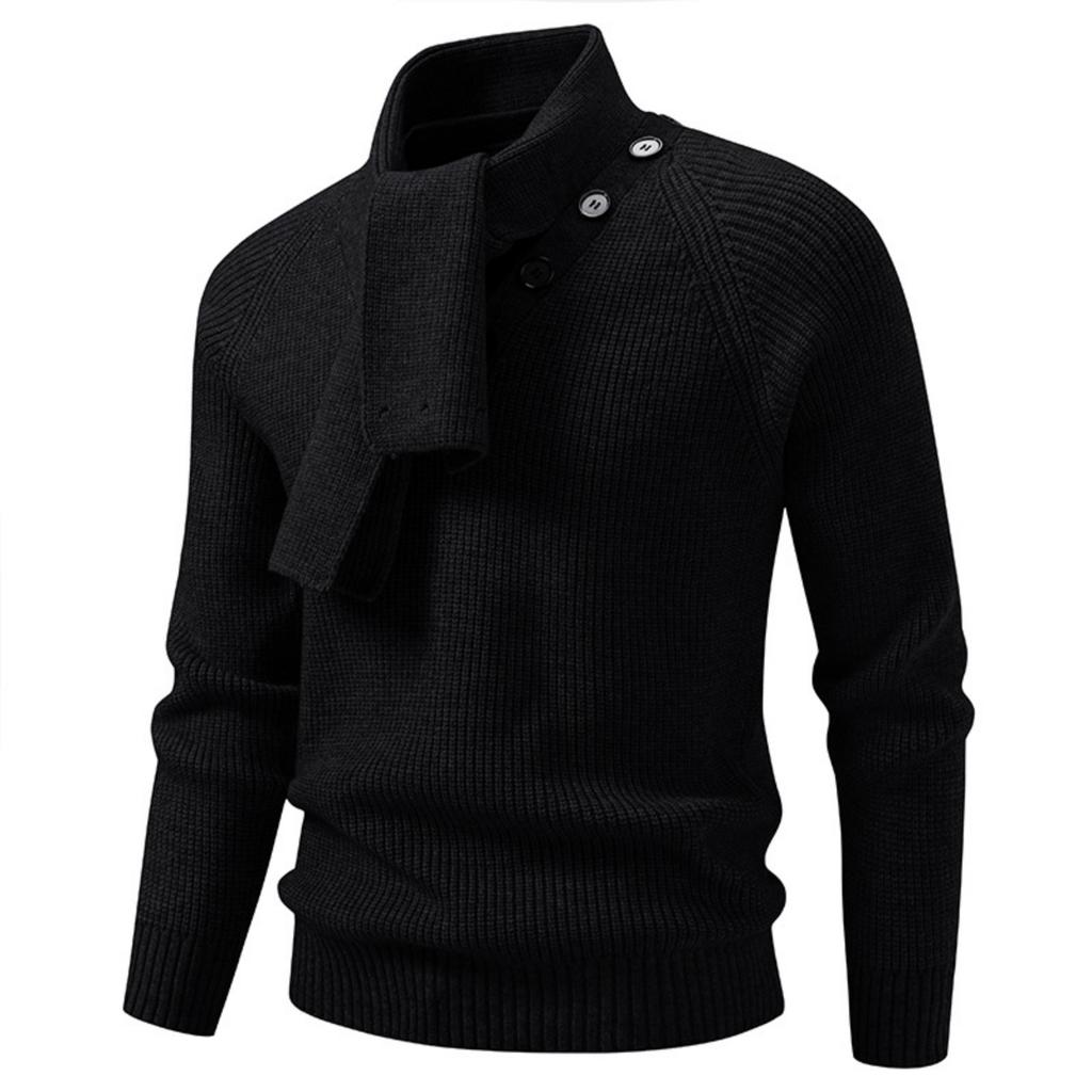 Men's Casual Solid-color Patchwork Style Long-sleeved High-neck Sweater, Men's Fitted Knitted Pullover, Scarf Collar Sweater