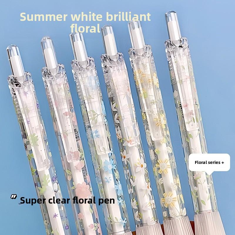 Small Flowers Gel Pen 6pcs Set Quick Dry Glue Pen Black Ink Retractable Ballpoint Pen Writing Stationery Party Gift