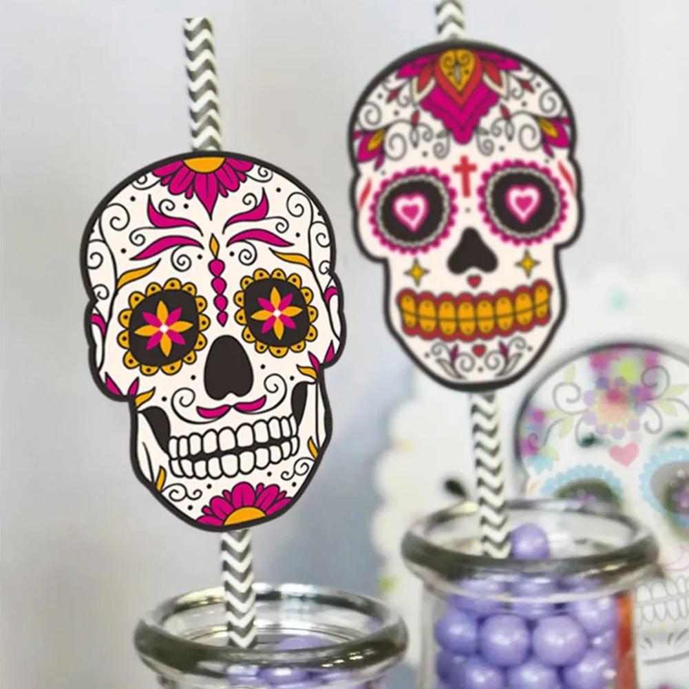 

Halloween Paper Straw 24PCS, Sugar Skull Charms Striped Straws For Day Of The Dead Party Supplies, Beverage Drinking