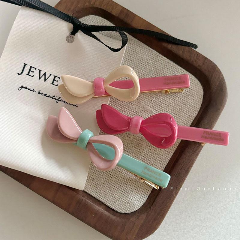 

Colorful Textured Acetate Hair Bow, Rose Pink Colorblock Duckbill Clip