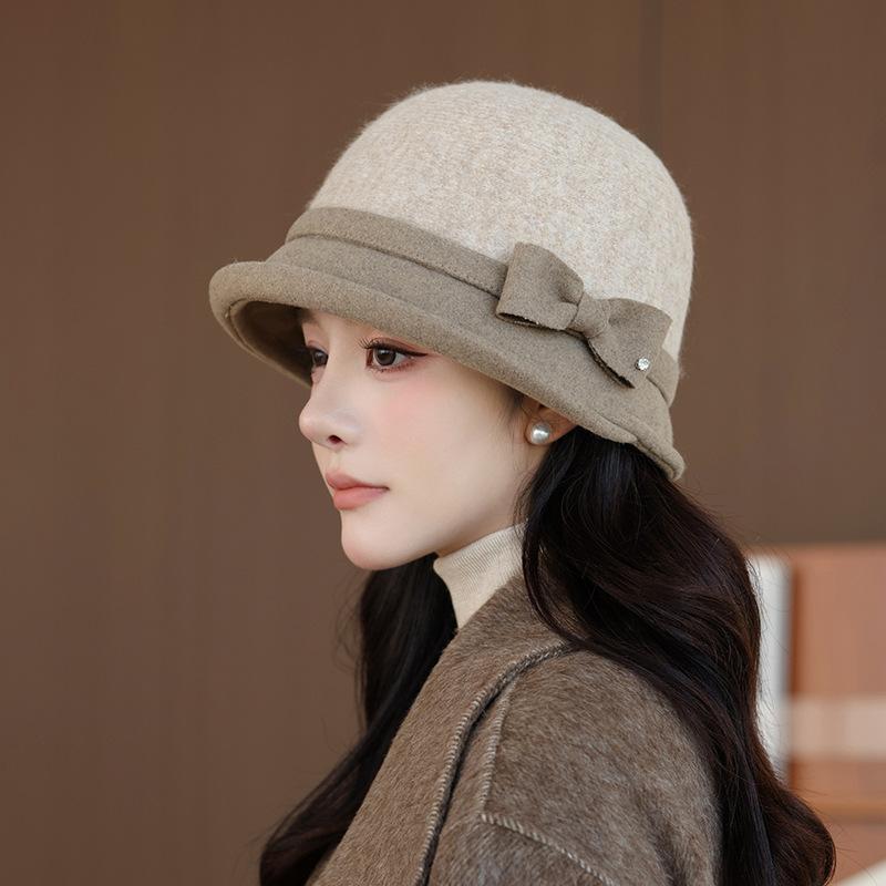 New Woolen Top Hat Bucket Hat Women's Retro Bow Fisherman Hat Autumn and Winter Elegant Basin Hat
