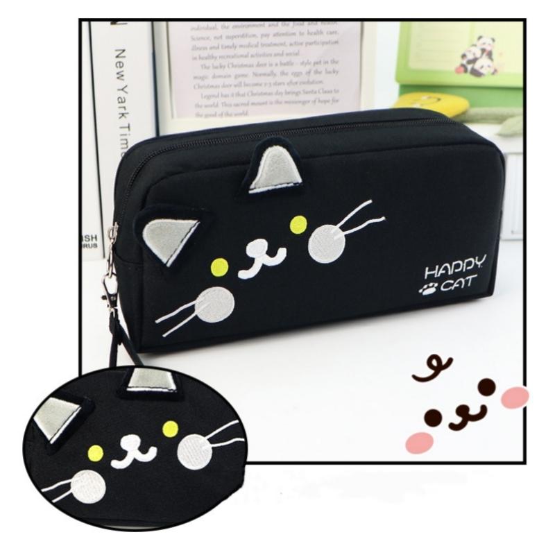 Black and white cat cute pencil bag Portable stationery bag with pen insert mesh bag Large capacity school supplies storage bag