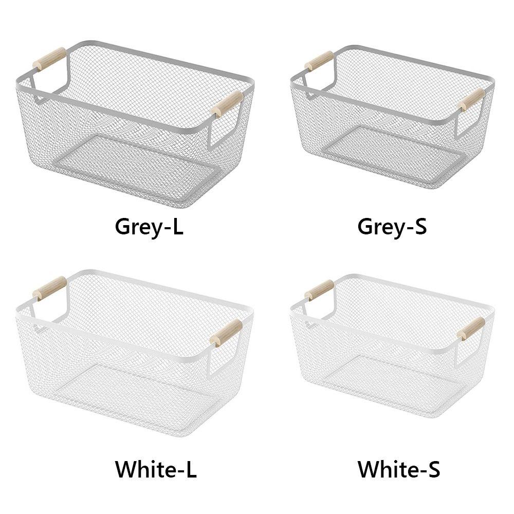 Metal Desktop Storage Basket Rectangle with Wood Handle Vegetable Fruit Snack Holder Large Capacity White Black Iron Mesh Basket