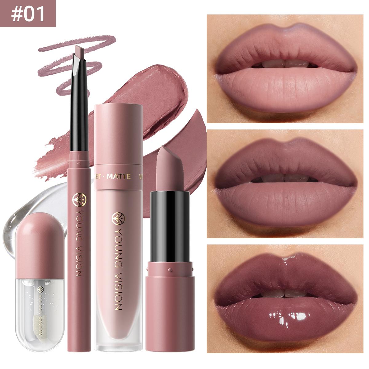 

Nude Lipstick 4Pcs Full Kit with Lip Liner Lip Gloss and Plumper Long Lasting Matte & Shiny Dual Finish Waterproof Lip Makeup Set