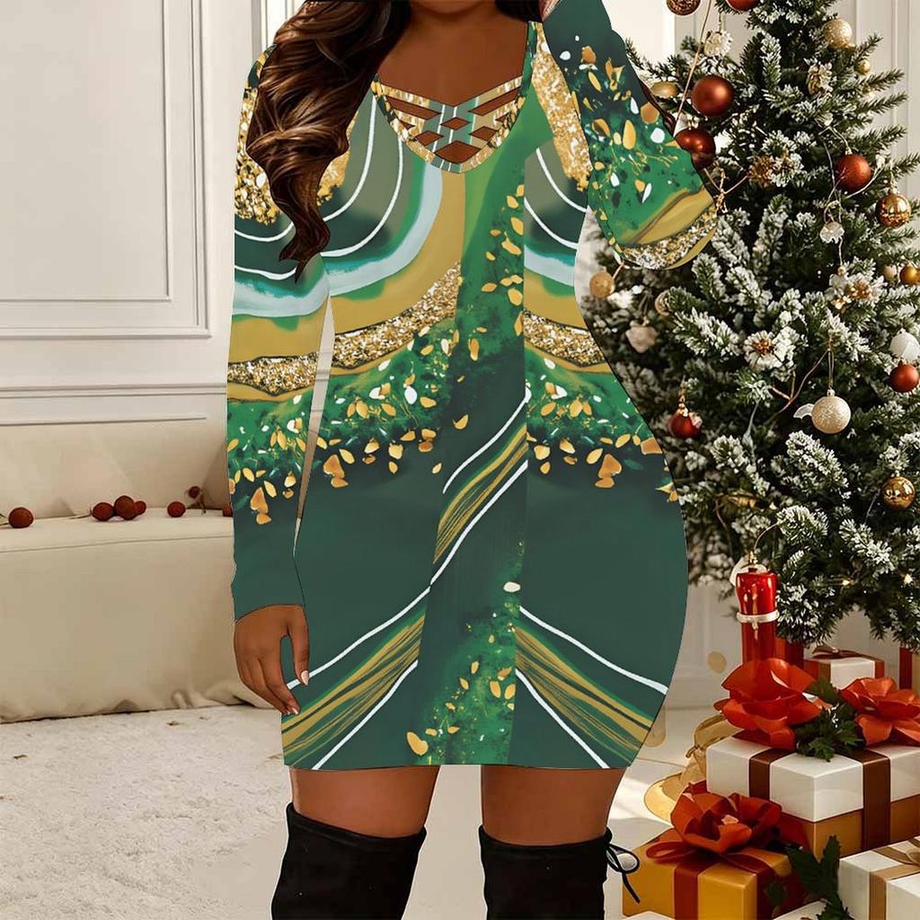 Women Plus Size Long Sleeve V Neck Crisscross Hollow Bodycon Mini Party Club Dress