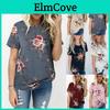 Elegant Summer Women Blouse Floral Print Short Sleeve Loose Casual T-shirt Tops