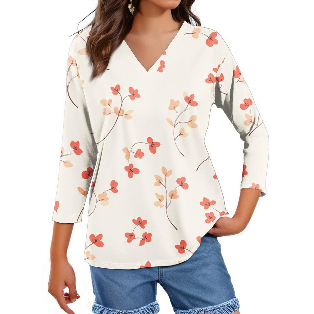 Women's Tops Three-quarter Sleeve Shirt V-neck Loose Casual Shirt Floral Printed T-shirt