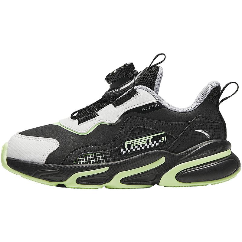 Anta Kids Synthetic Leather Trendy Versatile Lightweight Shock Absorbing Low Top Running Shoes Kids sneaker Black White Green A12439919N-1